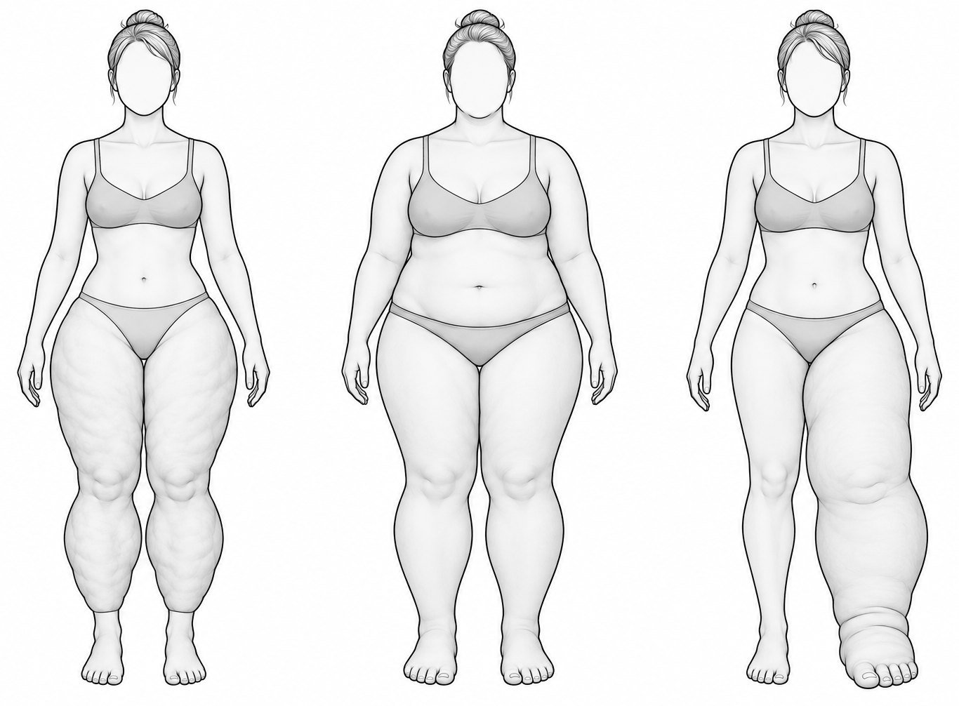 Três silhuetas comparando lipedema, obesidade e linfedema