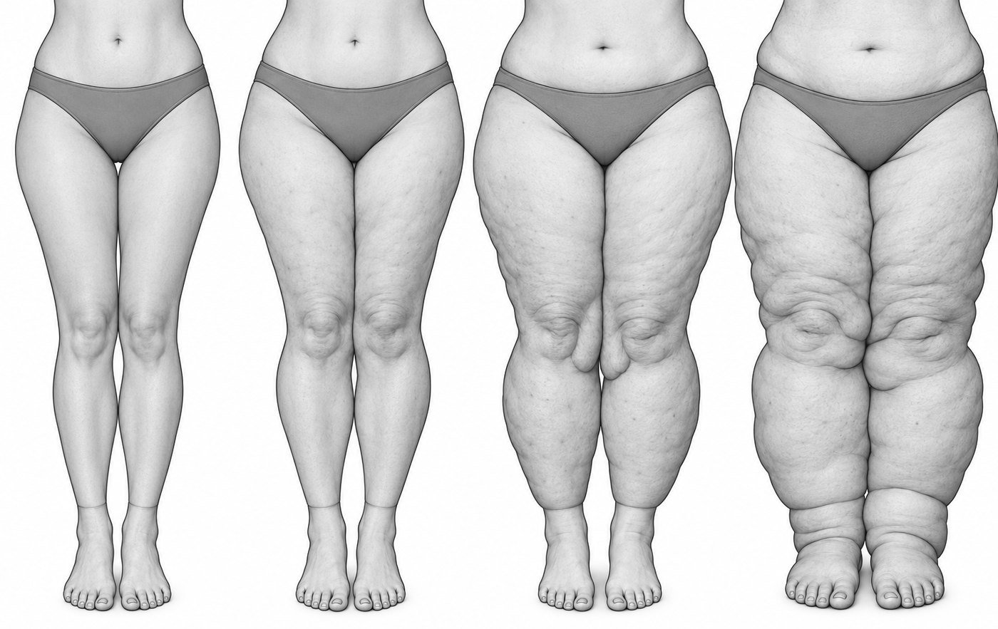 Quatro ilustrações das pernas nos estágios 1 a 4 do lipedema