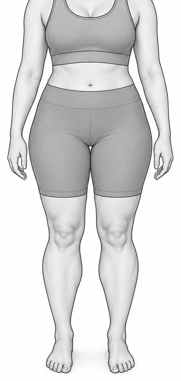 Ilustração de mulher com lipedema: tronco e braços finos, quadris e pernas largos